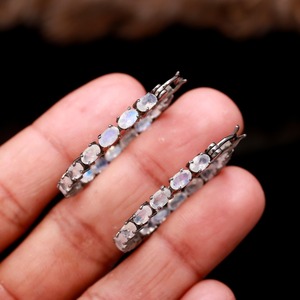 Moonstone Oval 5x3mm <b>Hoop</b> <b>Earrings</b> in 925 <b>Sterling</b> <b>Silver</b> Blue Flash Gemstone Elegant Jewelry Dainty Gift for Her anniversary je - Product Image 6