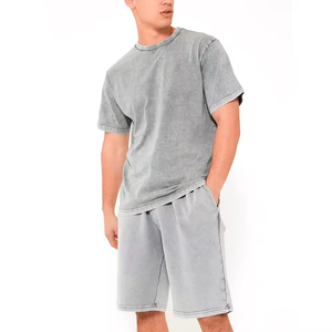 Men's Gray Solid Color Cotton Crew Neck <b>T</b>-<b>Shirt</b> and Shorts Set Casual Summer Wear Knitted Fabric Plain Dyed Style - Product Image 1