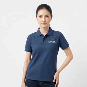 เสื้อโปโลผ้าฝ้ายสีน้ำเงินกรมท่าสำหรับผู้หญิง แขนสั้น ปักตัวอักษรด้านหน้า สไตล์ลำลอง - Product Image 1