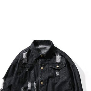 Chaqueta de Mezclilla Negra Desgastada para Hombre, Corte Holgado, Estilo Casual, Cierre de Botones, Tela de Algodón, para Otoño - Product Image 2