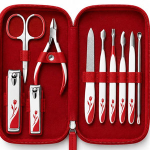 Estuche de Viaje con Cierre de Acero Inoxidable, Diseño Floral Blanco y Rojo, Portátil, Profesional, Lujoso, 5 en 1, Kit de Manicura y Pedicura - Product Image 5