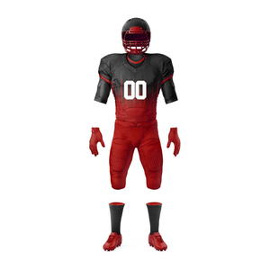 Uniforme de football américain personnalisé pour hommes, maillot rouge et noir sublimé, pantalon, gants, crampons, tissu respirant, manches courtes ajustées - Product Image 1