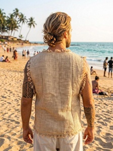 Chemise sans manches de style kurta en jute artisanale pour homme, de style bohème, rustique et de qualité supérieure, avec broderie tribale géométrique traditionnelle - Product Image 3