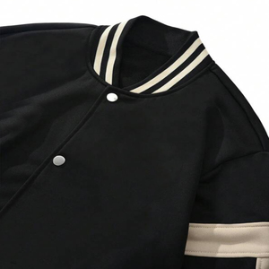 Men's Black Varsity Jacket Woolen Quick Dry Cotton-Lined Stand Collar <b>Covered</b> <b>Button</b> Closure Full-Sleeve Blank Spring Wear - Product Image 6