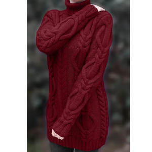 Robe pull jacquard torsadé vintage de haute qualité pour femme, col roulé, unie, avec appliques, manches longues, silhouette droite - Product Image 4