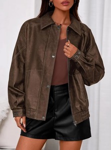 Veste en cuir pour femme, tricotée, imprimée sur mesure, en véritable peau de mouton, style motard, coupe ajustée, vêtement d'extérieur streetwear en coton - Product Image 5