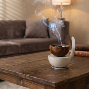 Elegante Quemador de Incienso de Madera y Metal con Diseño de Asa Curva y Recipiente para Fragancia y Aromaterapia en el Hogar Moderno - Product Image 3