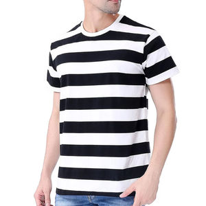 Camiseta de Manga Corta a Rayas para Hombre, Cuello Redondo, Corte Regular, Informal, de Algodón Tejido, Color Negro y Blanco - Product Image 1