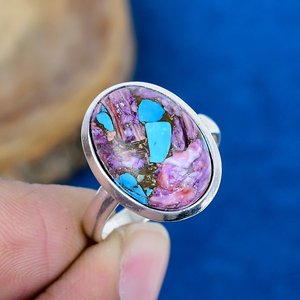 Handmade Natural Spiny Purple Oyster Copper Turquoise Cushion Shape Ring 18k Gold Microne Over 925 Sterling Silver - Product Image 1