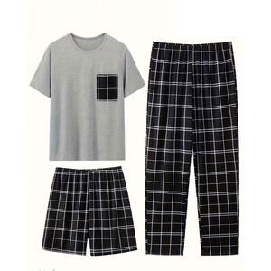Conjunto Cómodo de Camiseta, Pantalones Cortos y Pantalones Largos - Lavable a Máquina, Tela Elástica, Diseño a Cuadros Opaco, Ropa de Estar por Casa - Product Image 1