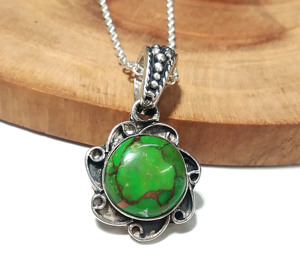 Natural Green Copper Turquoise Pendant 925 Sterling <b>Silver</b> Pendant <b>Necklace</b> Round Cut Stone Pendant <b>Silver</b> Statement Jewelry - Product Image 3