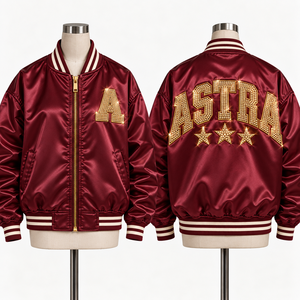 <b>Men's</b> Burgundy Varsity <b>Jacket</b> With Gold <b>Sequin</b> Letter A Front Zipper Preppy Style Regular Fit Turn-down Collar - Product Image 3