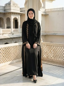 Abaya noire brodée à manches longues, robe modeste longue jusqu'au sol pour femmes, style Moyen-Orient, tenue quotidienne, couleur unie, coupe ample - Product Image 4