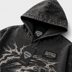 Premium Custom Acid Wash Heavyweight Rhinestone Studded <b>Grunge</b> Streetwear Distressed Raw Hem Vintage Graphic Unisex <b>Hoodie</b> - Product Image 6