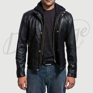 Veste de motard à capuche en cuir véritable noir de qualité supérieure pour hommes, coupe ajustée, capuche amovible, manteau décontracté pour la conduite de moto, streetwear - Product Image 6