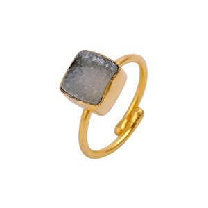 Grey Druzy <b>Adjustable</b> Ring, Gold Plated <b>Square</b> Natural Stone Ring, Statement Gemstone Ring for Women, Fashion Jewelry Wholesale - Product Image 1
