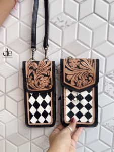 New Arrival Phone Purse Handbag Hand <b>Tooled</b> Carving <b>Leather</b> Bag Big Size Bag Checkers Pattern <b>Pouch</b> Unique Designer Sling Bag - Product Image 4