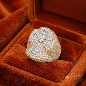 18K Gold Plated Men's Cross <b>Ring</b> <b>Iced</b> Out Baguette & Round Cut Moissanite Statement Hip Hop Jewellery - Product Image 2