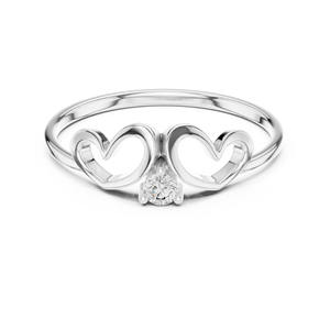 Bague d'amour en or blanc 14 carats avec double cœur et diamant de laboratoire taille ronde, moins de 1 carat, plaqué rhodium, luxe - Product Image 1