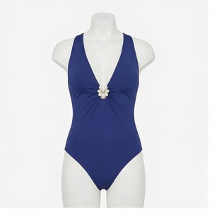 Traje de Baño de Una Pieza con Escote Profundo en V para Mujer, con Decoración de Perlas, Frente Fruncido, Color Azul Sólido, Elástico - Product Image 1
