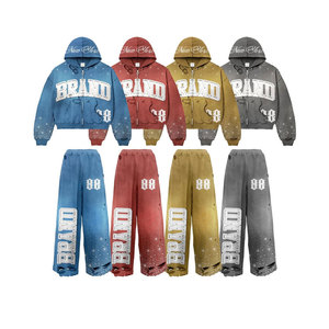 Unisex Hooded Tracksuit Set Full <b>Zip</b> Sweatshirt And Pants With Brand Logo Print In Blue Red Gold Gray Colors Casual Style - Product Image 1
