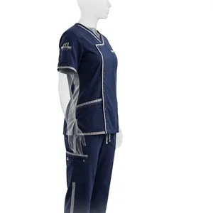 Conjunto de Uniforme Médico Unisex Azul Oscuro, Camiseta de Manga Corta con Bolsillos, Pantalones con Cordón Ajustable, Transpirable, 100% Poliéster, AMKOOR ENTERPRISES Needle - Product Image 5