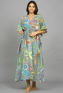 Vestido Kaftán de Algodón Hecho a Mano en India, Ligero, Estilo Kimono, para Playa - Product Image 2