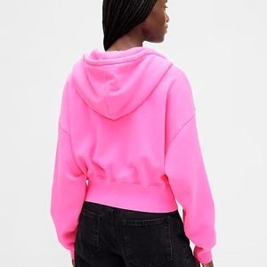 เสื้อฮู้ดครอปสีชมพูแบบซิป ทรงโอเวอร์ไซส์ สวมใส่สบายสำหรับฤดูหนาว ผลิตจากผ้าฝ้ายฟลีซ 100% ป้องกันการเป็นขุย ใส่ได้ทั้งชายและหญิง - Product Image 2