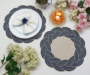 Navy Blue Woven Border <b>Beaded</b> <b>Placemat</b> Scalloped White Navy Table Decor Nautical Boutique Wholesale Factory - Product Image 3