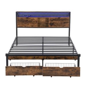 <b>King</b> <b>Size</b> Metal Platform <b>Bed</b> <b>Frame</b> <b>with</b> LED Lights USB Charging Station 2 <b>Drawers</b> Storage Wooden Headboard Footboard - Product Image 5