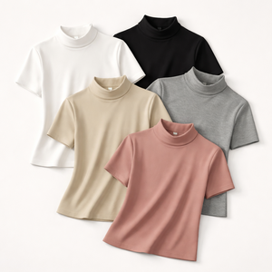 Vente en gros de t-shirts à col roulé décontractés à manches courtes pour femmes avec logo sur le devant - 100% coton, service OEM - Product Image 5