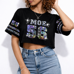 Maillot de football américain court pour femme de qualité supérieure avec strass, numéro personnalisé à paillettes, haut streetwear, marque privée, OEM, vente en gros - Product Image 6