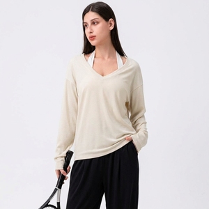 Womens V Neck <b>Long</b> <b>Sleeve</b> Yoga <b>Top</b> Eco Friendly Stretch Lyocell Spandex Polyester Soft Skin Friendly Fitness Workout Activewear - Product Image 5