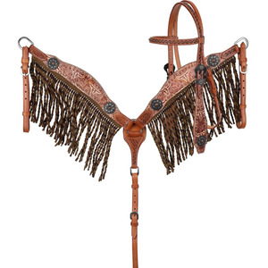 Buffalo Drift Cow Skull Headstall Twisted Fringe Breast Collar and Reins Western Horse Tack Set Premium Handmade Genuine Leather - Product Image 1