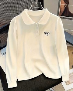 Chemise à manches longues en tricot pour femme, 100% coton, tissu perlé, nœuds brodés sur le col, logo et couleur personnalisés - Product Image 1