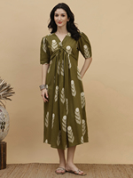Robe midi vert olive à imprimé floral avec manches bouffantes, col en V, style portefeuille et à nouer, coupe décontractée ample, en tissu tissé respirant