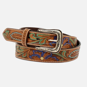 Custom made Colorful Hand Carved Floral Embossed Unisex Pure Western Leather <b>Tooling</b> <b>belt</b> with engraved cowboy buckle - Product Image 6