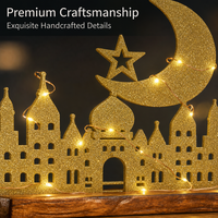Silhouette de mosquée en bois avec lune croissante et étoile, décorée de paillettes dorées, fonctionnant sur piles, avec LED, pour la décoration de table et de maison pendant le Ramadan