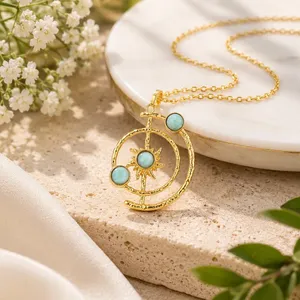 Collar con Colgante de Larimar Natural, Sistema Solar Sol y Luna, Chapado en Oro de 18K, para Mujer, Estilo Budista, Moderno, Superventas - Product Image 3