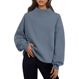 Women's Oversized <b>Stand</b> Collar Printed Sweatshirt Solid Color Front <b>Drop</b>-Shoulder Long Sleeve Knitted Cotton Winter Autumn Wear - Product Image 3
