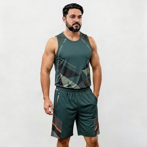 Conjunto de camiseta sin mangas y pantalones cortos con estampado geométrico para hombre, sublimado, de poliéster tejido, deportivo, para verano, con cuello redondo. - Product Image 3