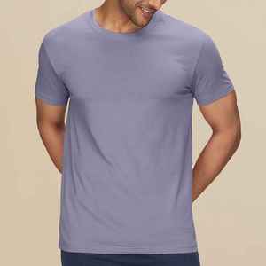 T-shirt à manches courtes pour homme, bleu clair, col rond, coupe classique, couleur unie, vêtement décontracté, jersey en coton tricoté - Product Image 4