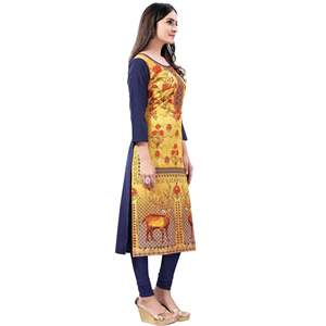 Kurti Amarillo y Azul Marino con Estampado Floral Digital en Crepé, Listo para Usar, para Mujer - Product Image 3