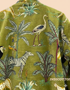 Green Velvet Jungle Print Bomber Jacket Handmade <b>Animal</b> <b>Pattern</b> Women Boho Beach Cover Cotton <b>Knitted</b> Eco-Friendly Wholesale OEM - Product Image 4