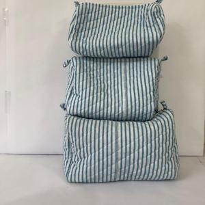 Ensemble de trousses de maquillage en coton matelassé à rayures bleues, sac cosmétique, organiseur de voyage, trousse de toilette, trousse à fermeture éclair - Product Image 3