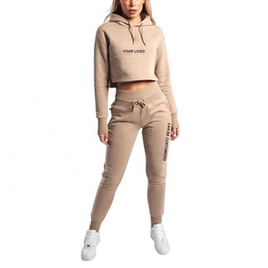 Custom Made New Arrival Women's Crop Top Track Suit With Drawstring Hood & Ribbed Waist Women's Pullover Hooded Top Sweat Suit - Product Image 2