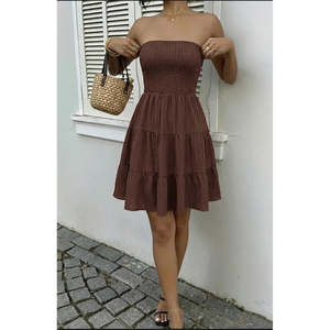 Vestido Mini Fruncido sin Tirantes con Volantes Color Chocolate - Product Image 3