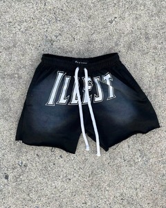 Shorts de survêtement vintage streetwear personnalisés, coupe ample, effet délavé soleil, bords bruts, cordon épais, imprimé sérigraphié, style décontracté - Product Image 4