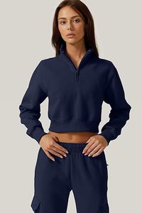 Sweat-shirt court à capuche pour femme, col montant, manches longues, demi-zip, pull avant, collection hiver, ODM - Product Image 4