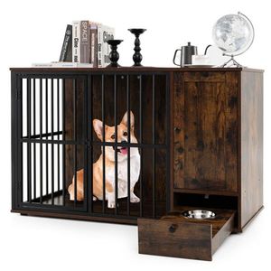 2-in-1 Dog Crate End Table with Pullout Feeder Chew-Resistant Metal Tube Pet Furniture for <b>Small</b> Medium Dogs Coffee for Owners - Product Image 1